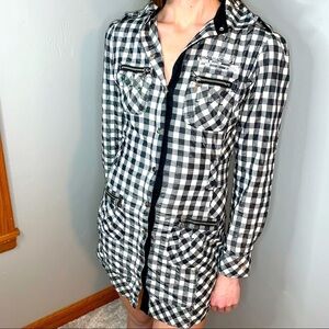 COOGI Checkered Plaid Long Sleeve Collared Shirt Dress